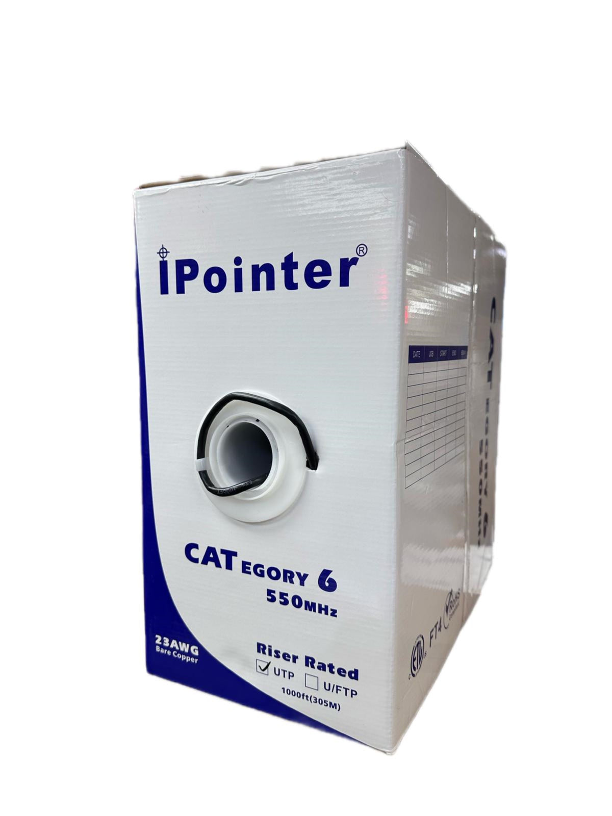 I Pointer Câble CAT6 en Cuivre Nu, C(ETL)US, CMR, FT4 1000FT 23AWG, 550MHZ, Blanc / Noir