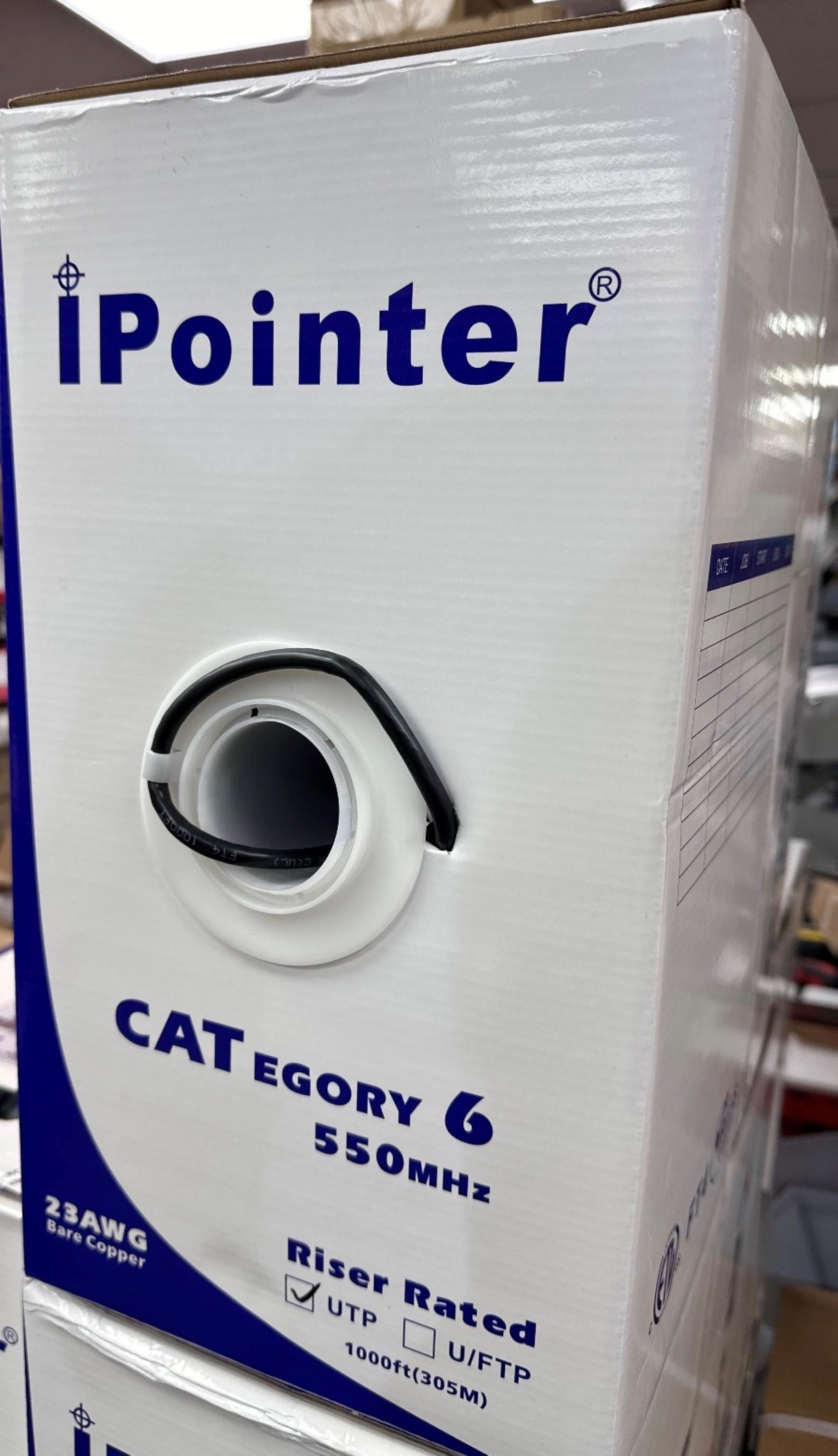I Pointer CAT6 Bare Copper, C(ETL)US, CMR, FT4 1000FT 23AWG, 550MHZ,White / Black
