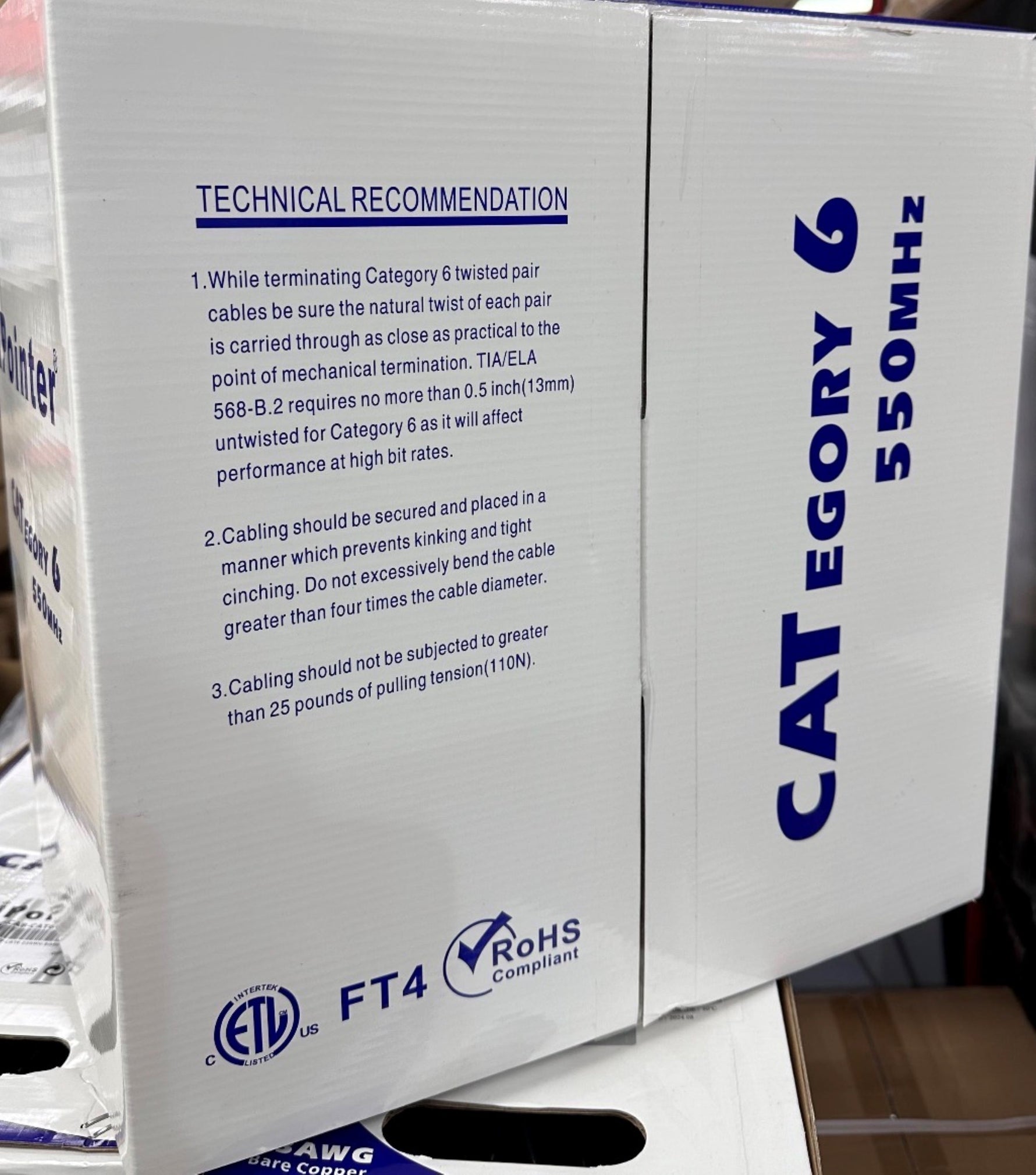 I Pointer CAT6 Bare Copper, C(ETL)US, CMR, FT4 1000FT 23AWG, 550MHZ,White / Black