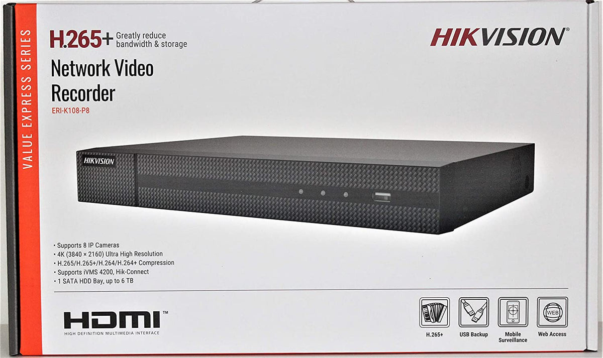 ERI-K108-P8 NVR 8 canaux HIKVISION H.265+ PoE avec disque dur 2 To jusqu'à 4K caméra IP