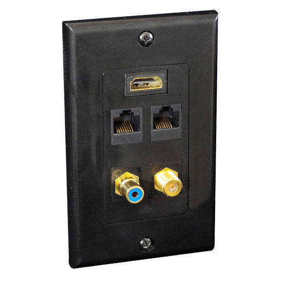 HDMI + Mono RCA Audio/Coaxial + Dual Ethernet Wall Plate (Black)