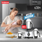 Vidiem Metallica STEELE 650W / 110V Stainless Steel Jars - Indian Mixer Grinder with, Spice & Coffee grinder Jar for use in Canada / USA