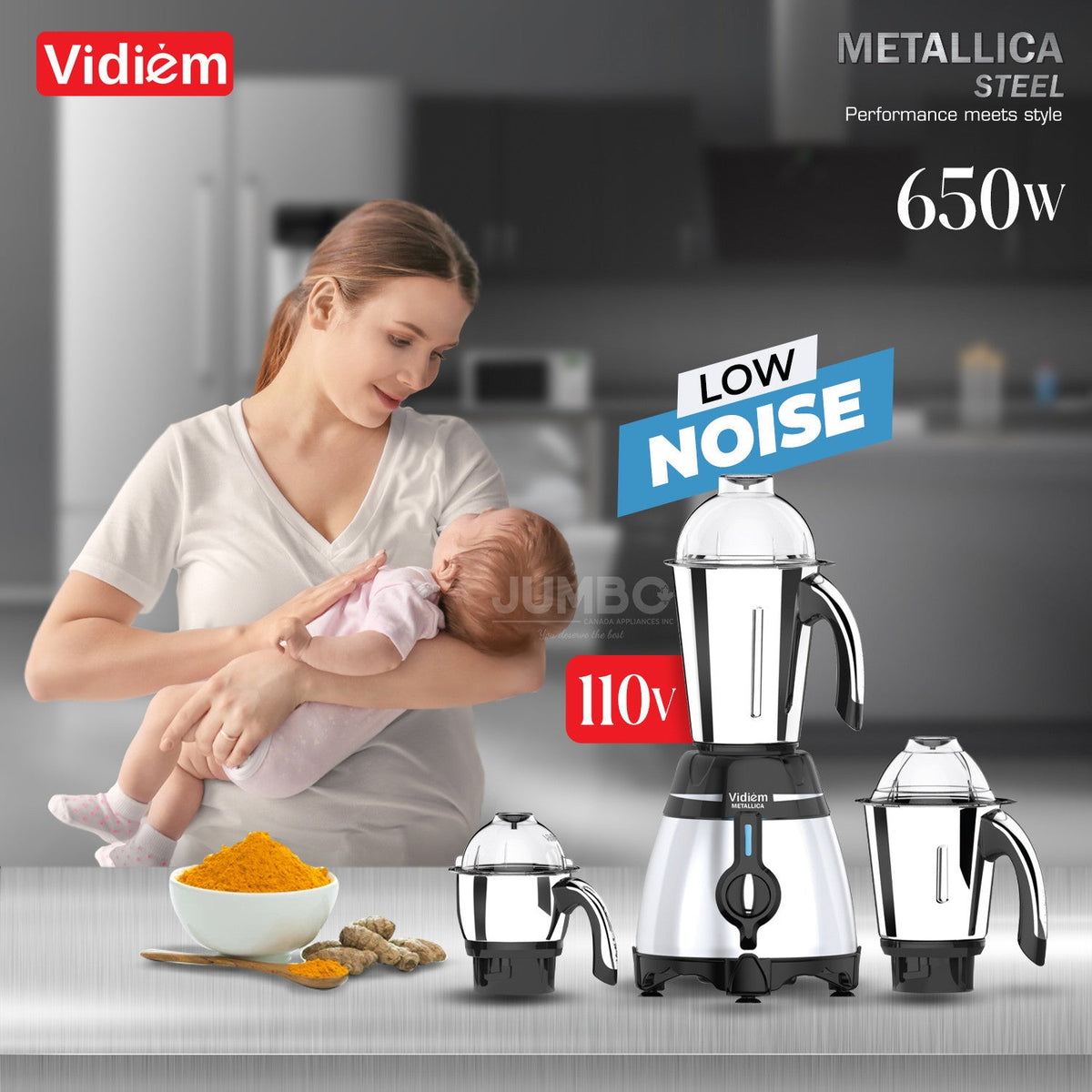 Vidiem Metallica STEELE 650W / 110V Stainless Steel Jars - Indian Mixer Grinder with, Spice & Coffee grinder Jar for use in Canada / USA