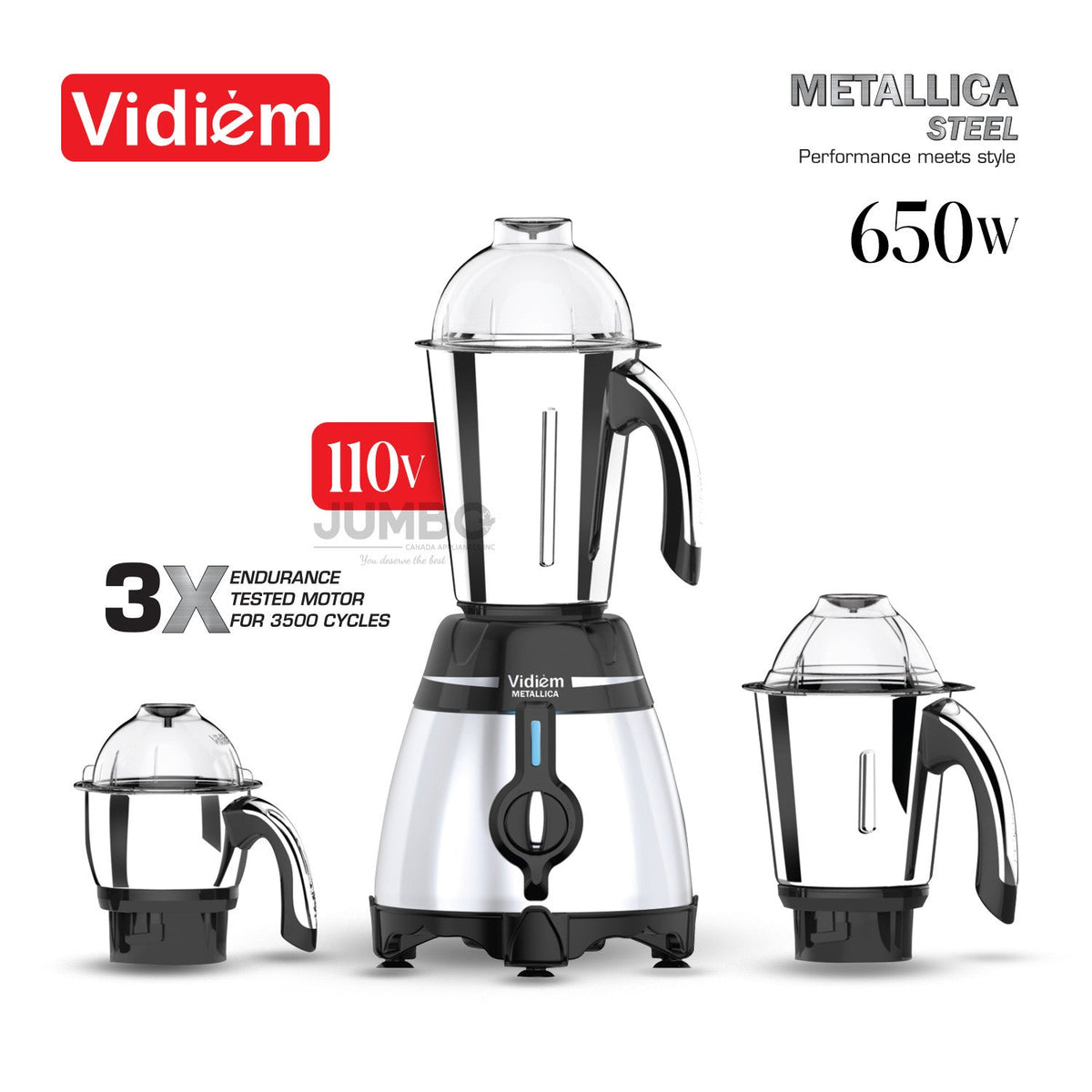 Vidiem Metallica STEELE 650W / 110V Bocaux en acier inoxydable - Robot culinaire indien avec, Moulin à épices et à café pour utilisation au Canada / États-Unis
